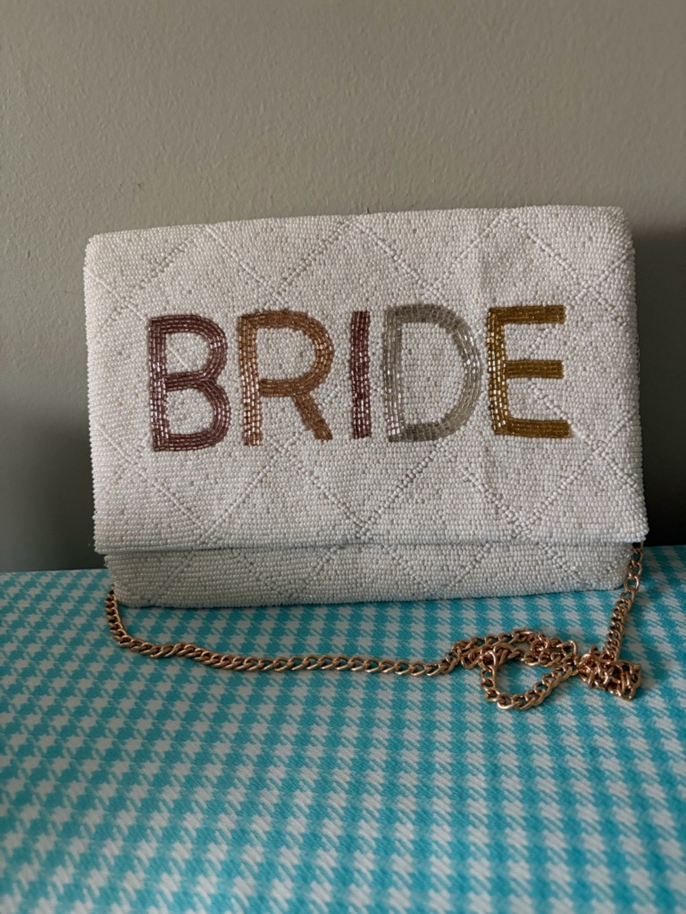 Ivory Beaded 'BRIDE' Clutch with Multicolor Lettering and Gold Chain